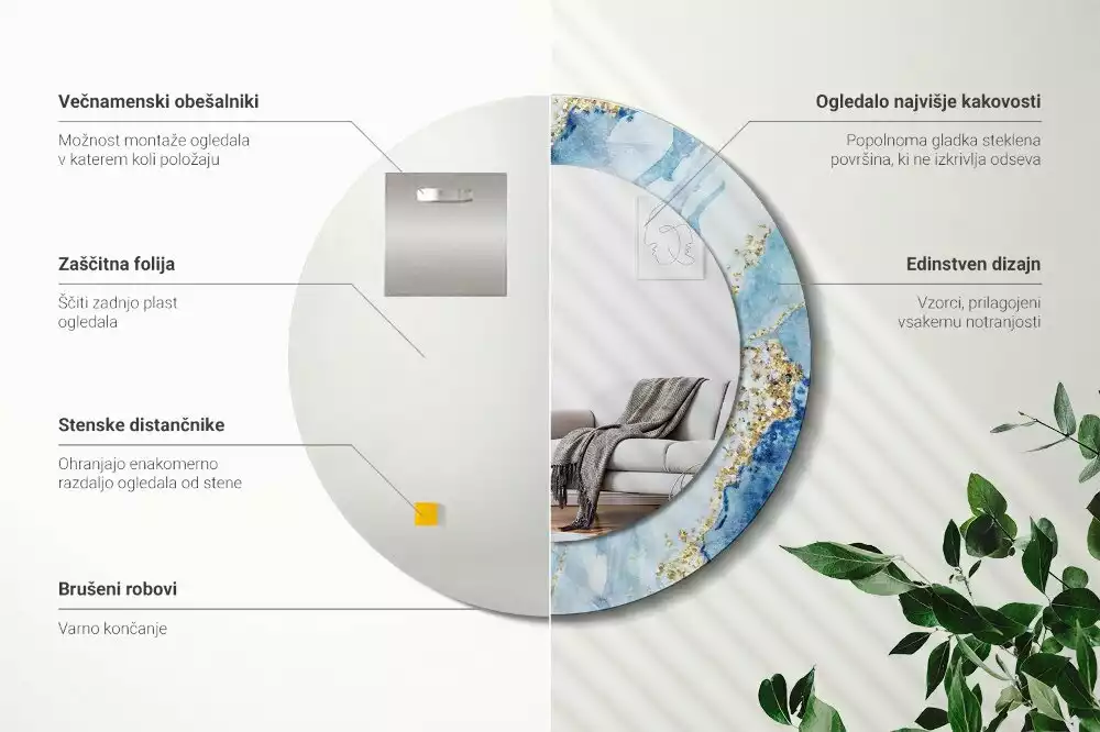 Oglindă rotundă imprimată Marmură bleu