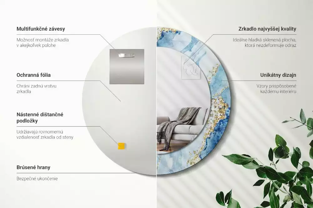 Oglindă rotundă imprimată Marmură bleu