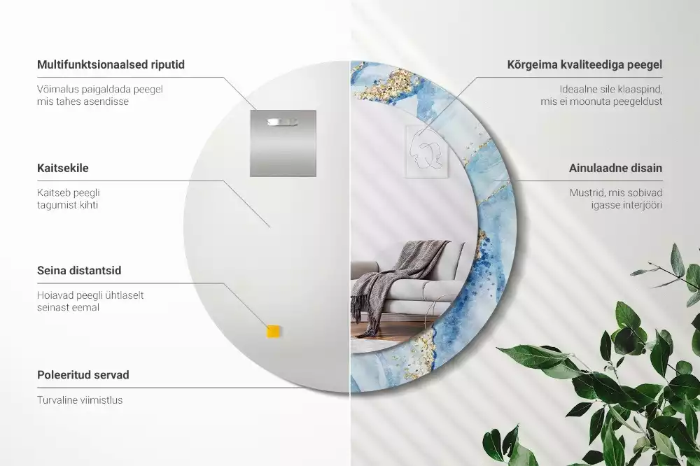 Oglindă rotundă imprimată Marmură bleu