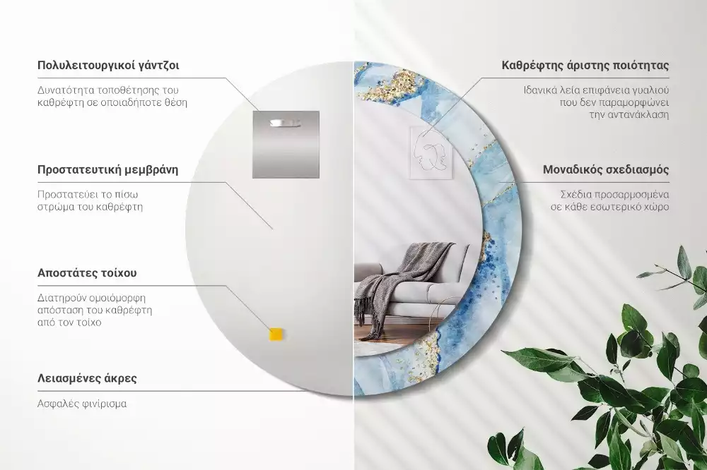 Oglindă rotundă imprimată Marmură bleu