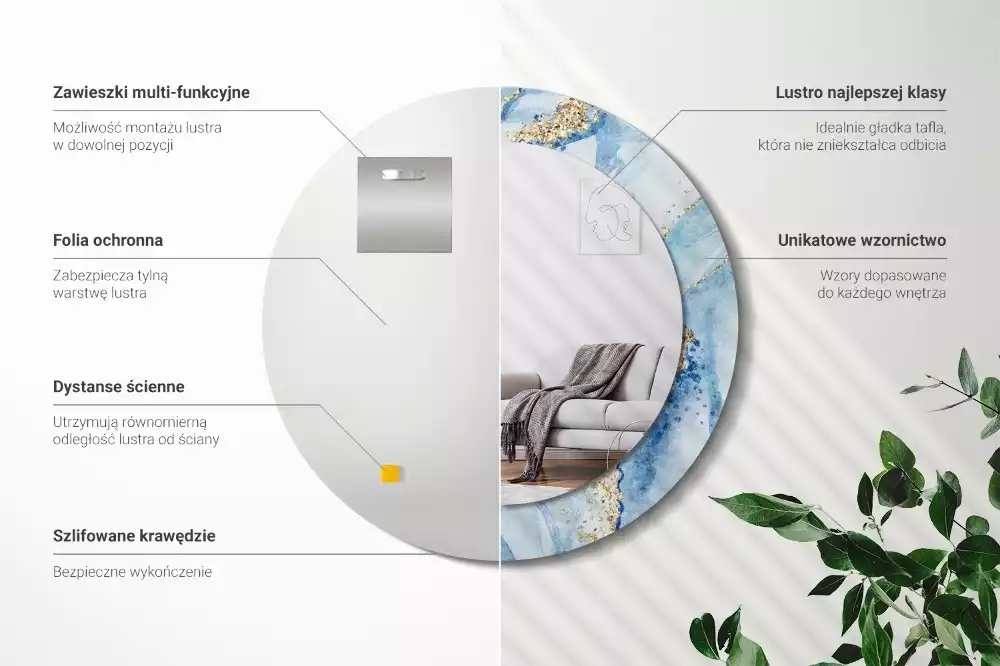 Oglindă rotundă imprimată Marmură bleu