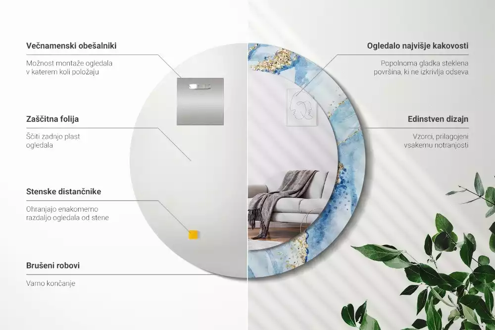 Oglindă rotundă imprimată Marmură bleu