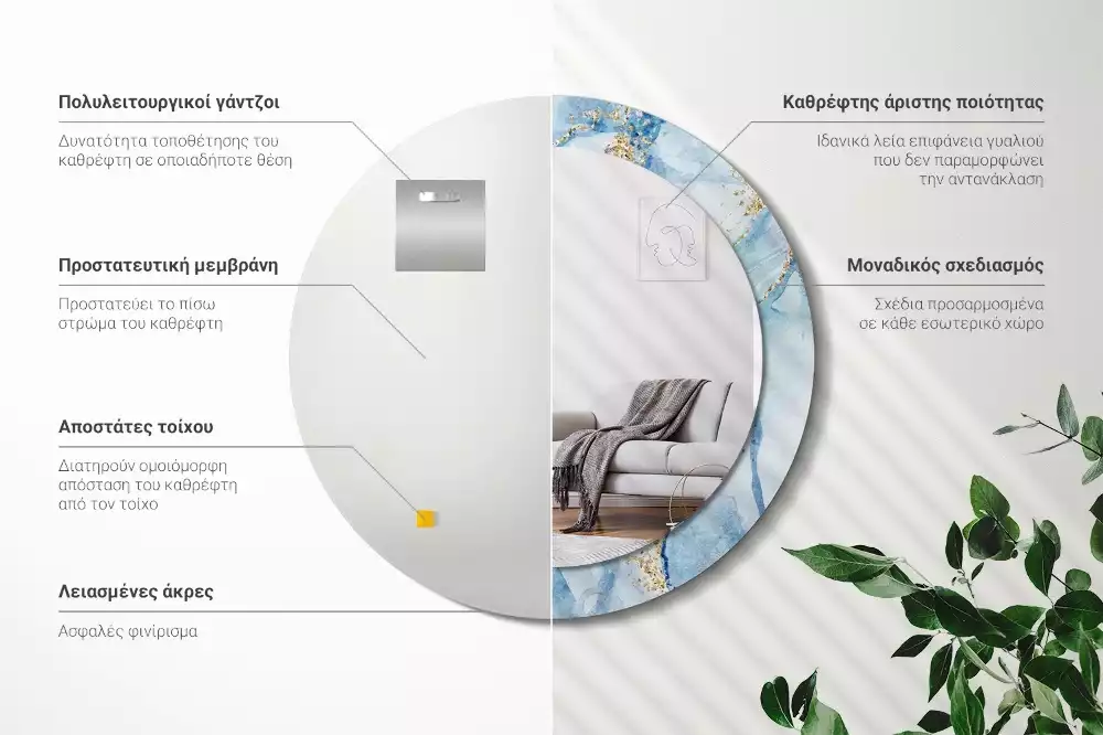 Oglindă rotundă imprimată Marmură bleu