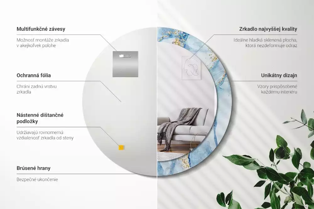 Oglindă rotundă imprimată Marmură bleu