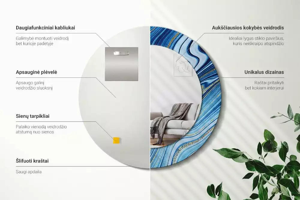 Oglindă rotundă ramă cu imprimeu Râu de marmură