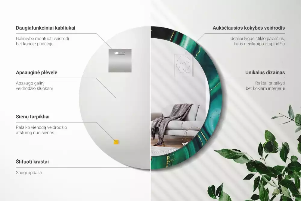 Oglindă cu decor rotundă Marmură smarald