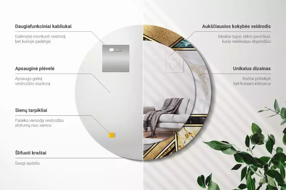 Oglindă rotundă ramă cu imprimeu Stil marmură