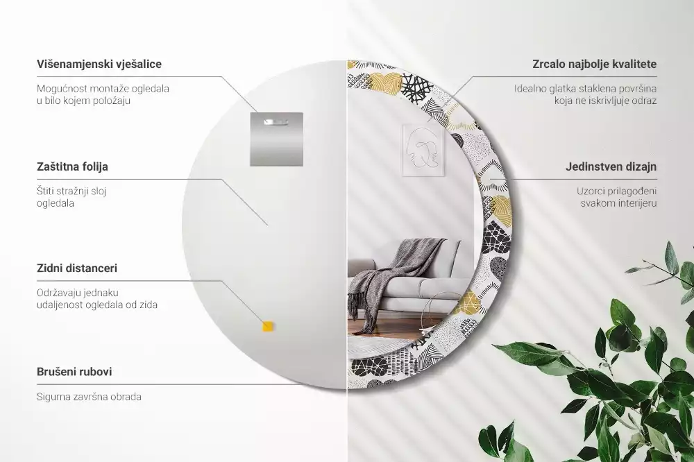 Oglindă rotundă ramă cu imprimeu Inimi stil doodle