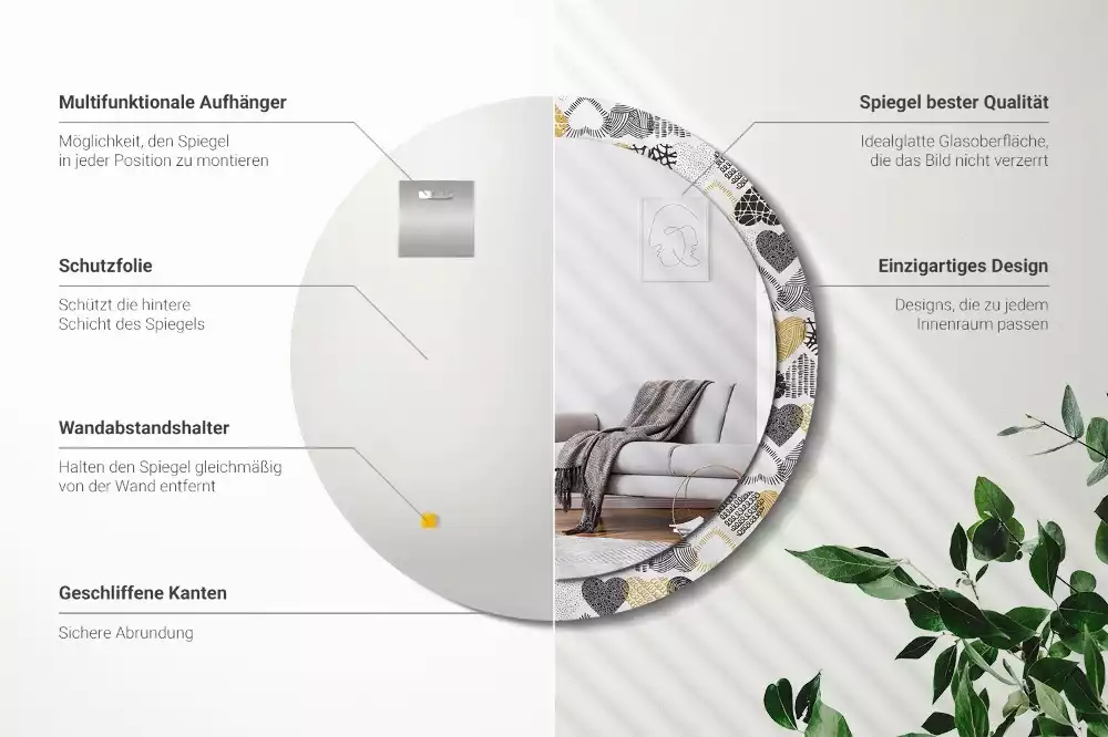 Oglindă rotundă ramă cu imprimeu Inimi stil doodle