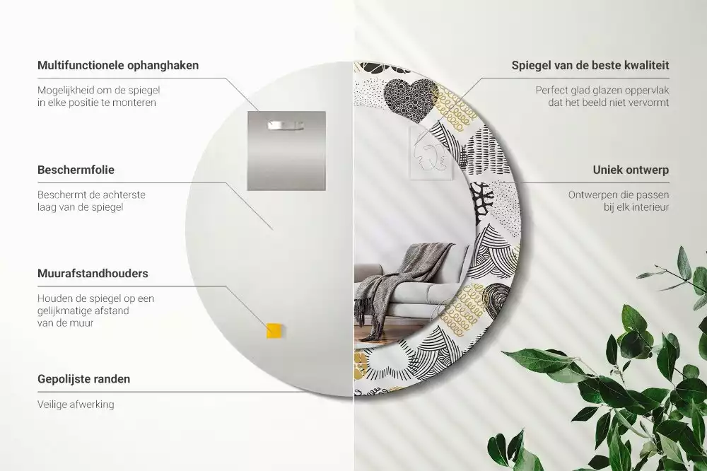 Oglindă rotundă ramă cu imprimeu Inimi stil doodle