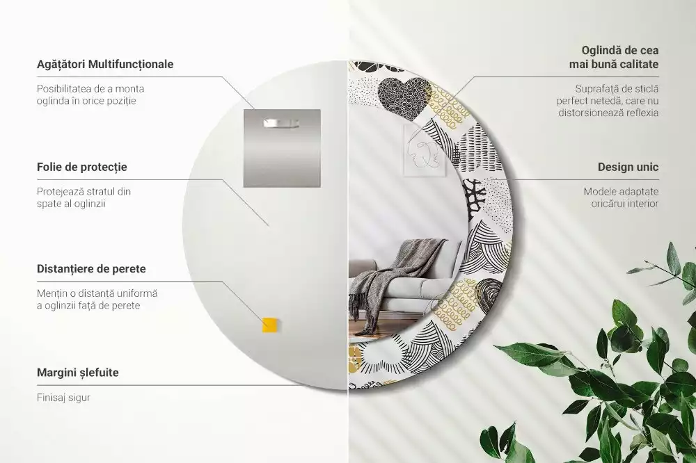 Oglindă rotundă ramă cu imprimeu Inimi stil doodle