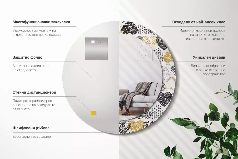 Oglindă rotundă ramă cu imprimeu Inimi stil doodle