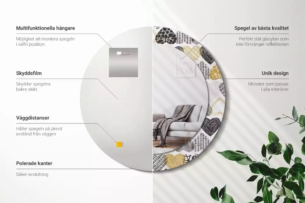 Oglindă rotundă ramă cu imprimeu Inimi stil doodle