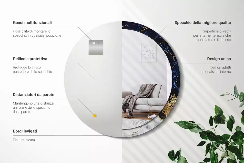 Oglindă rotundă imprimată Marmură albastră