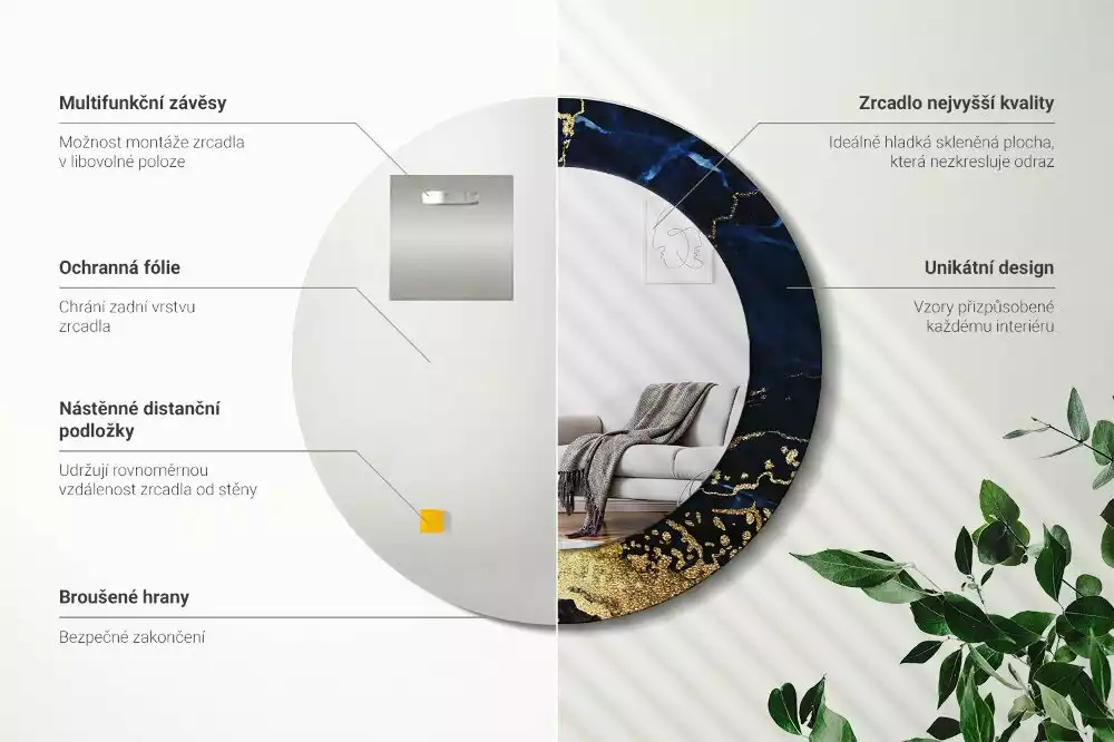 Oglindă rotundă imprimată Marmură albastră