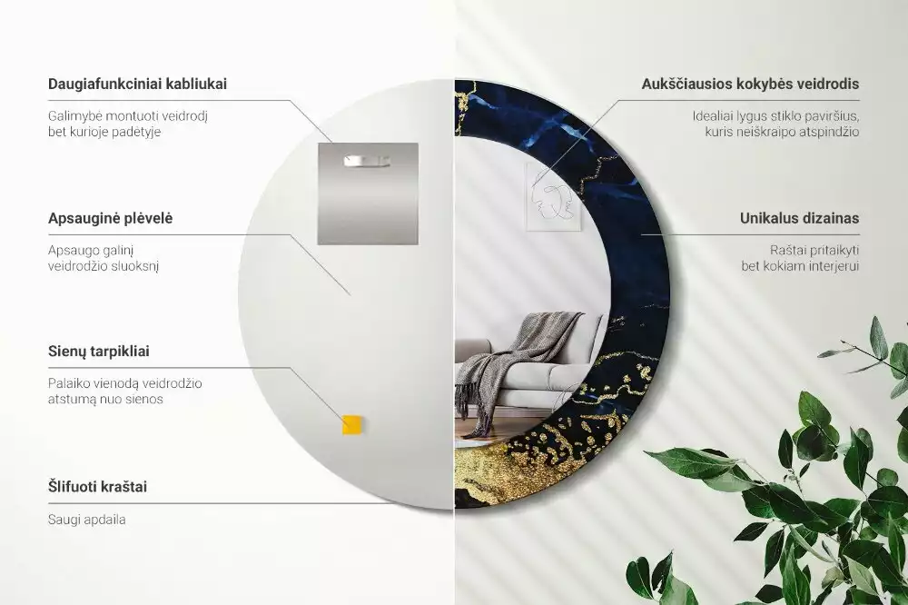 Oglindă rotundă imprimată Marmură albastră