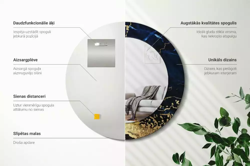 Oglindă rotundă imprimată Marmură albastră