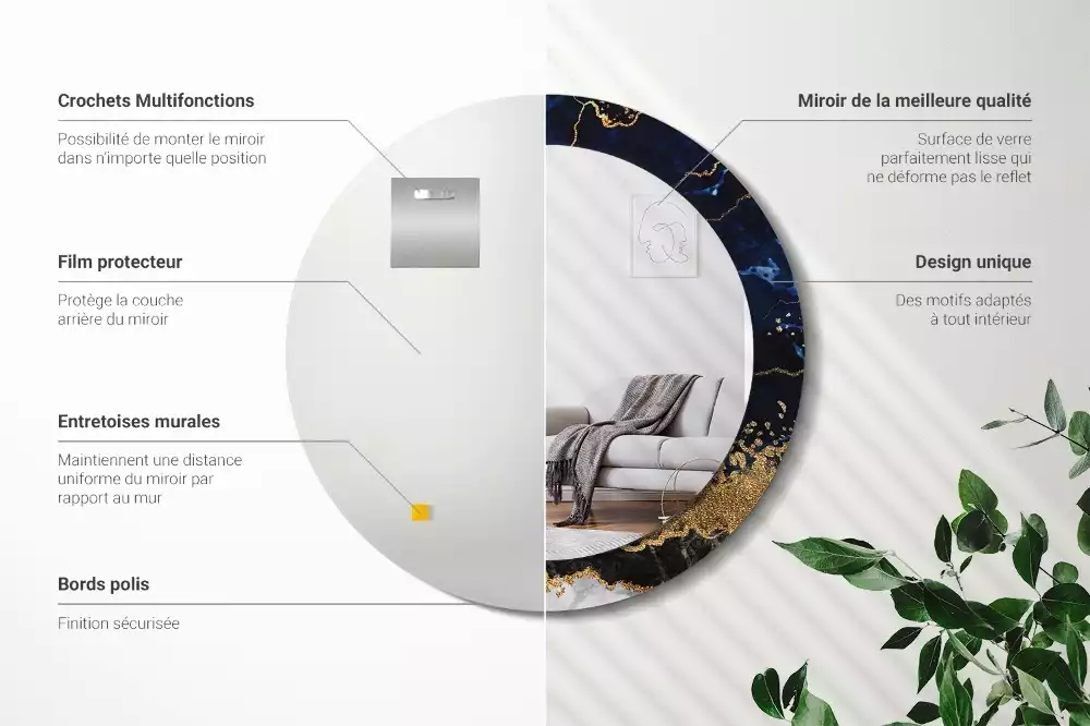 Oglindă rotundă imprimată Marmură albastră