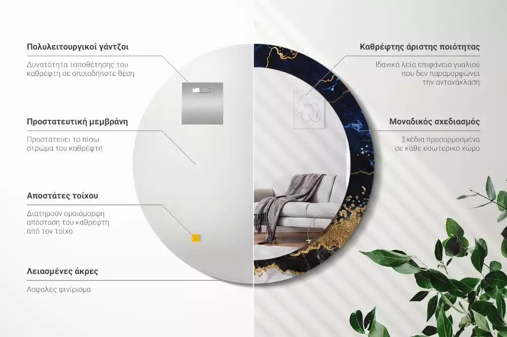 Oglindă rotundă imprimată Marmură albastră