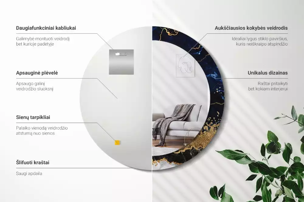 Oglindă rotundă imprimată Marmură albastră