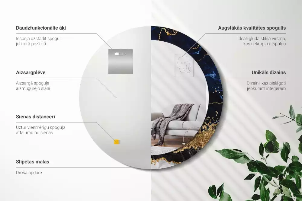 Oglindă rotundă imprimată Marmură albastră