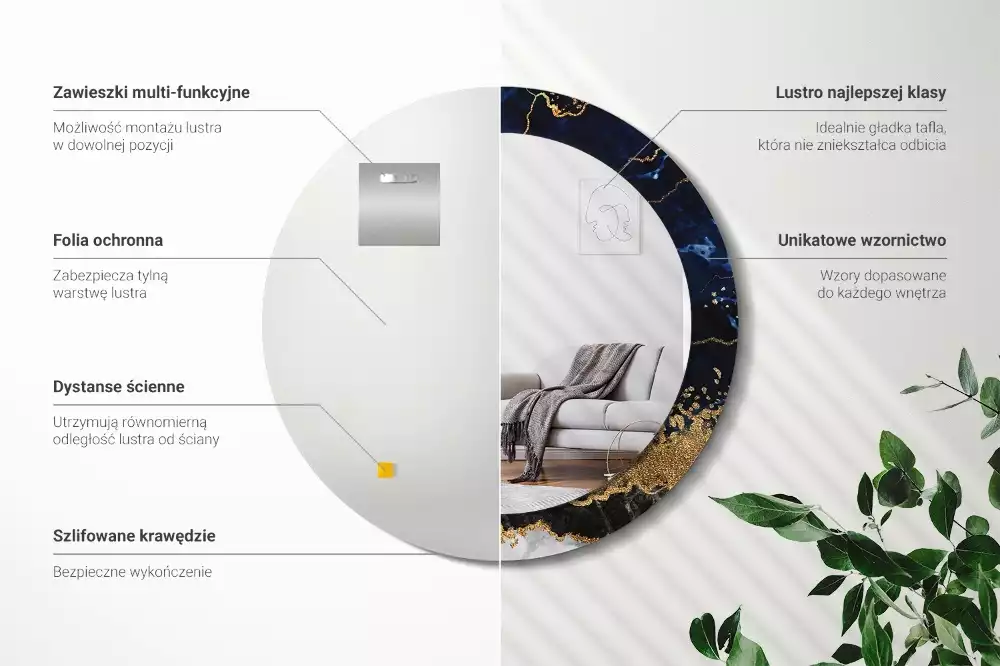 Oglindă rotundă imprimată Marmură albastră