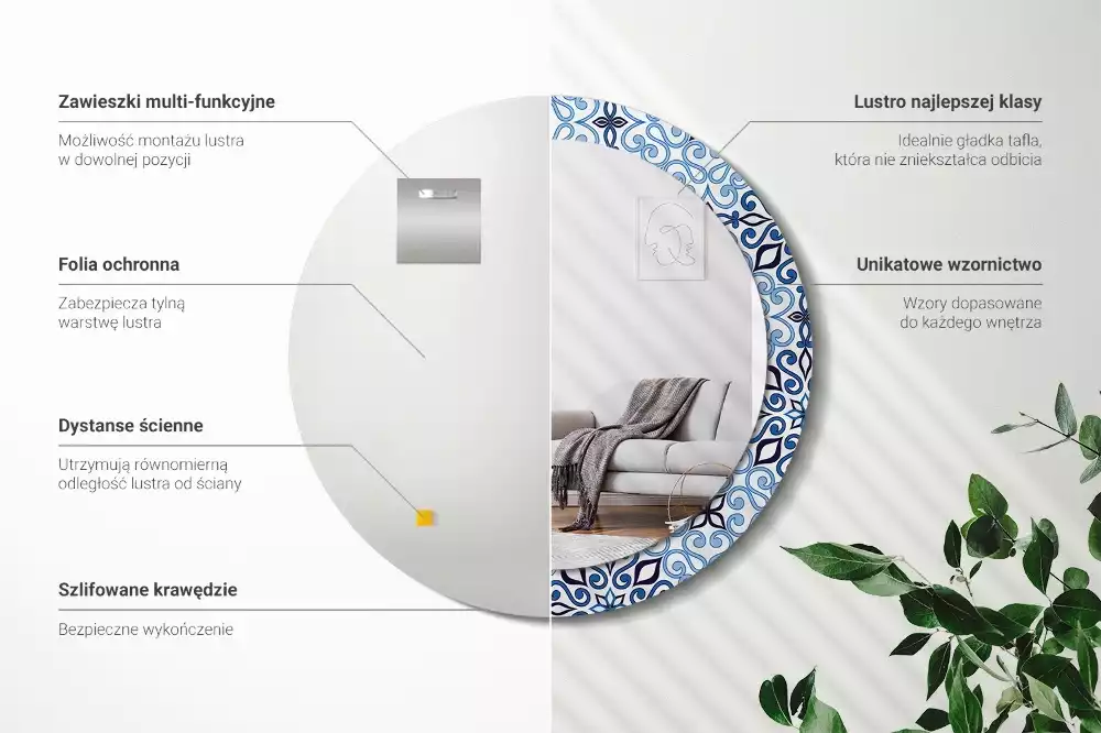 Oglindă rotundă ramă cu imprimeu Model arab albastru