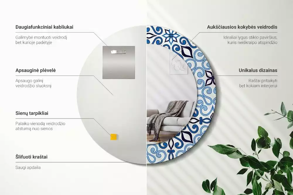 Oglindă rotundă ramă cu imprimeu Model arab albastru