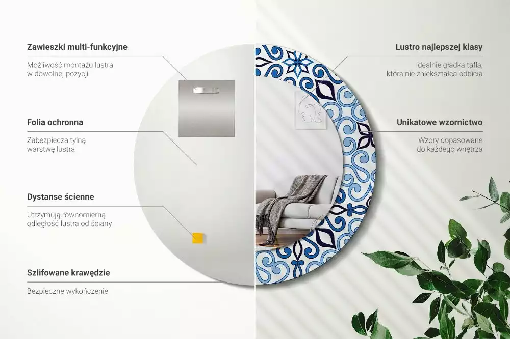 Oglindă rotundă ramă cu imprimeu Model arab albastru