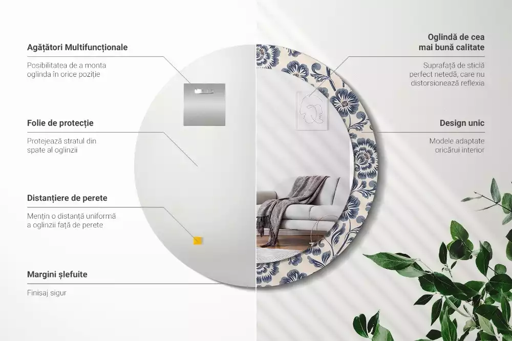 Oglindă rotundă ramă cu imprimeu Model floral