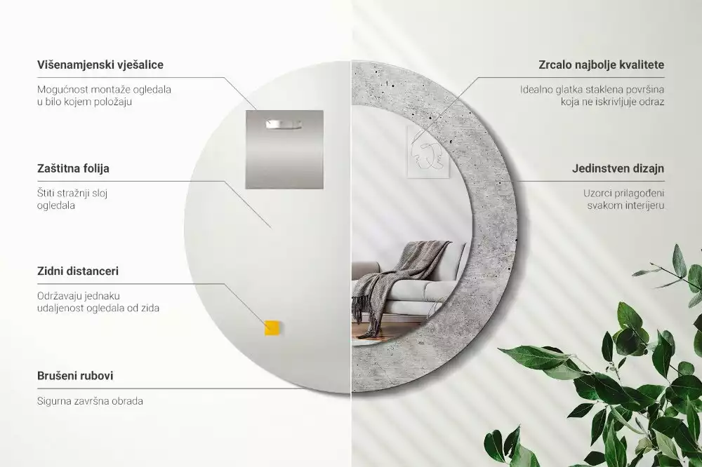 Oglindă rotundă ramă cu imprimeu Ciment gri