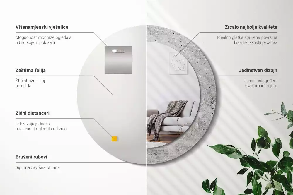 Oglindă rotundă ramă cu imprimeu Ciment gri