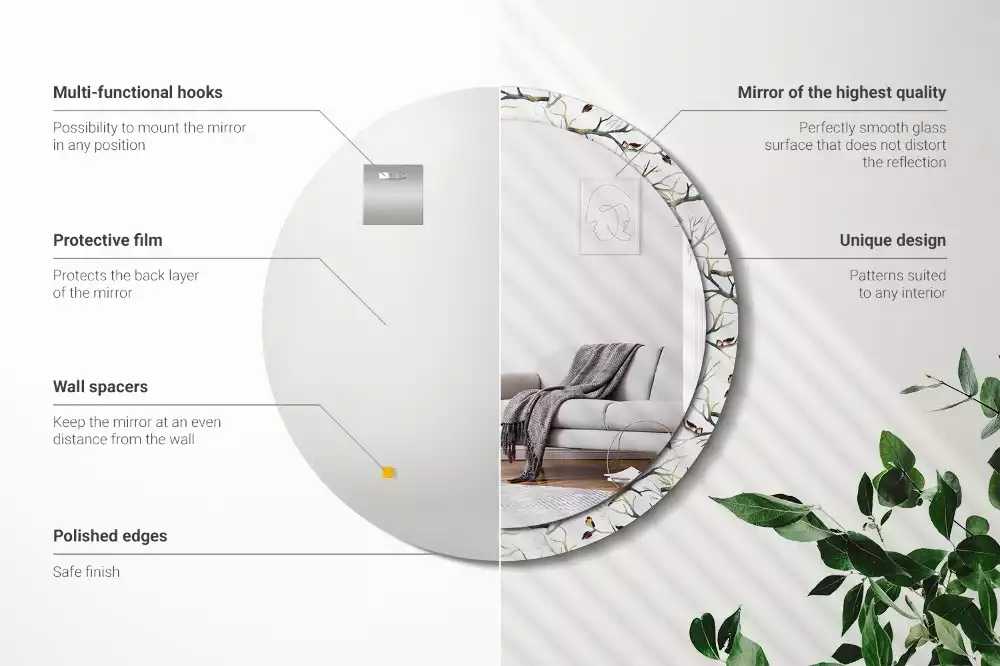 Oglindă cu decor rotundă Vrăbiuțe pe ramuri