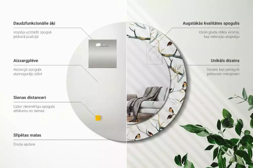 Oglindă cu decor rotundă Vrăbiuțe pe ramuri