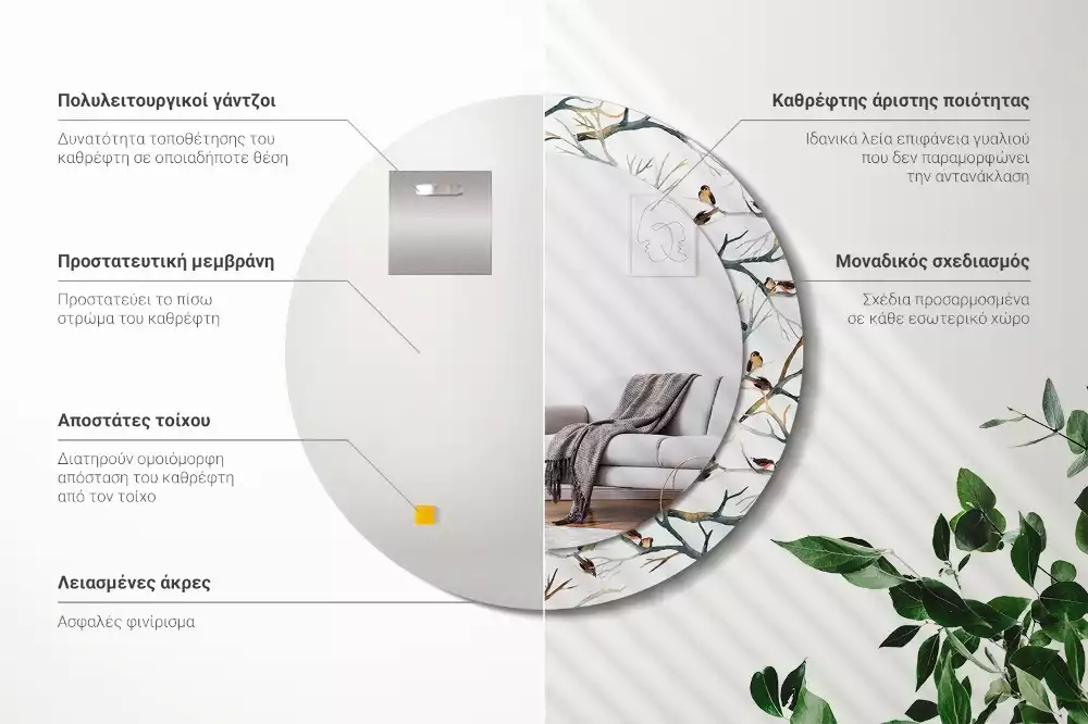 Oglindă cu decor rotundă Vrăbiuțe pe ramuri