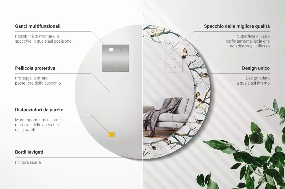 Oglindă cu decor rotundă Vrăbiuțe pe ramuri