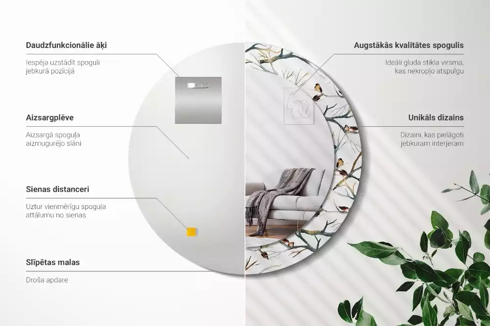 Oglindă cu decor rotundă Vrăbiuțe pe ramuri