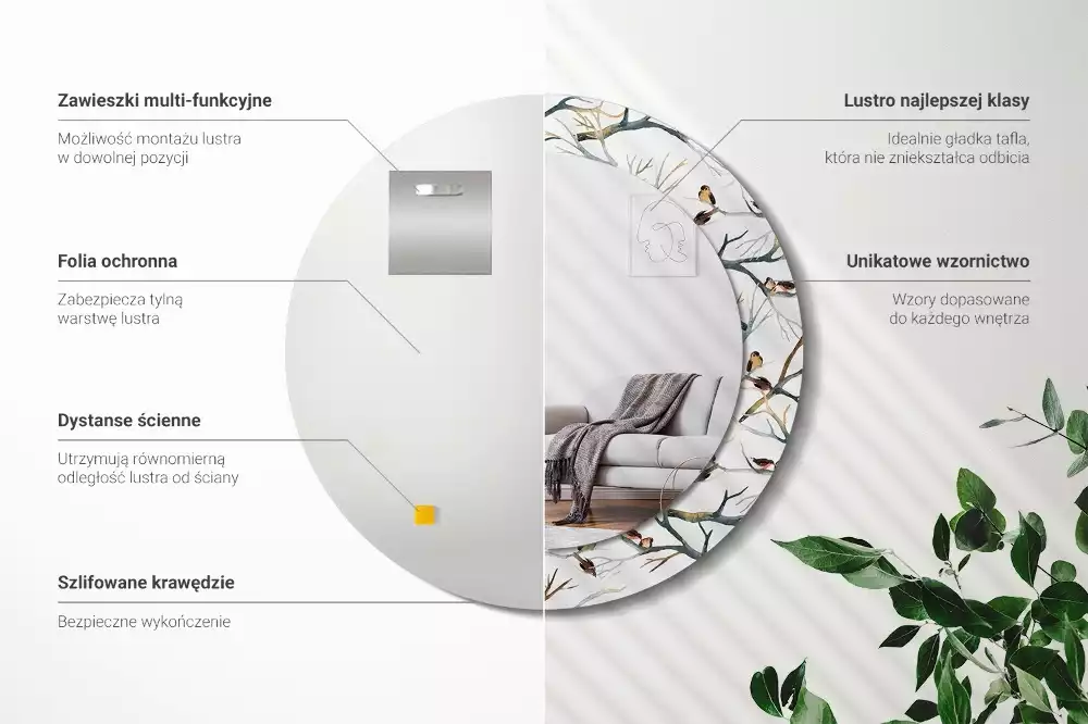 Oglindă cu decor rotundă Vrăbiuțe pe ramuri