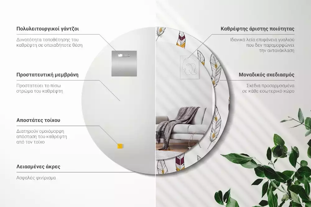 Oglindă cu decor rotundă Pene