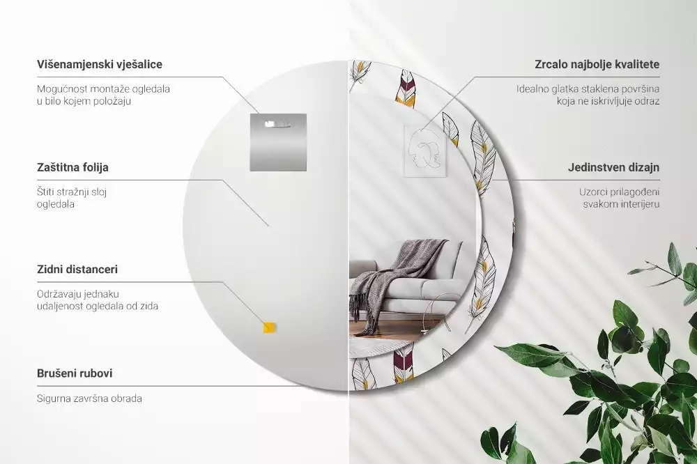 Oglindă cu decor rotundă Pene