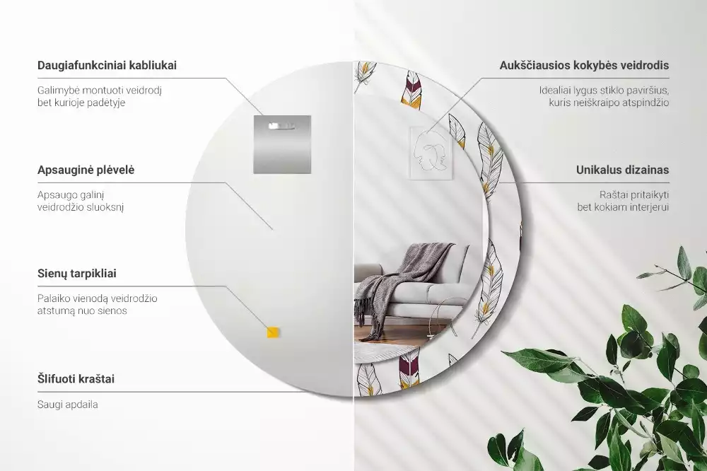 Oglindă cu decor rotundă Pene