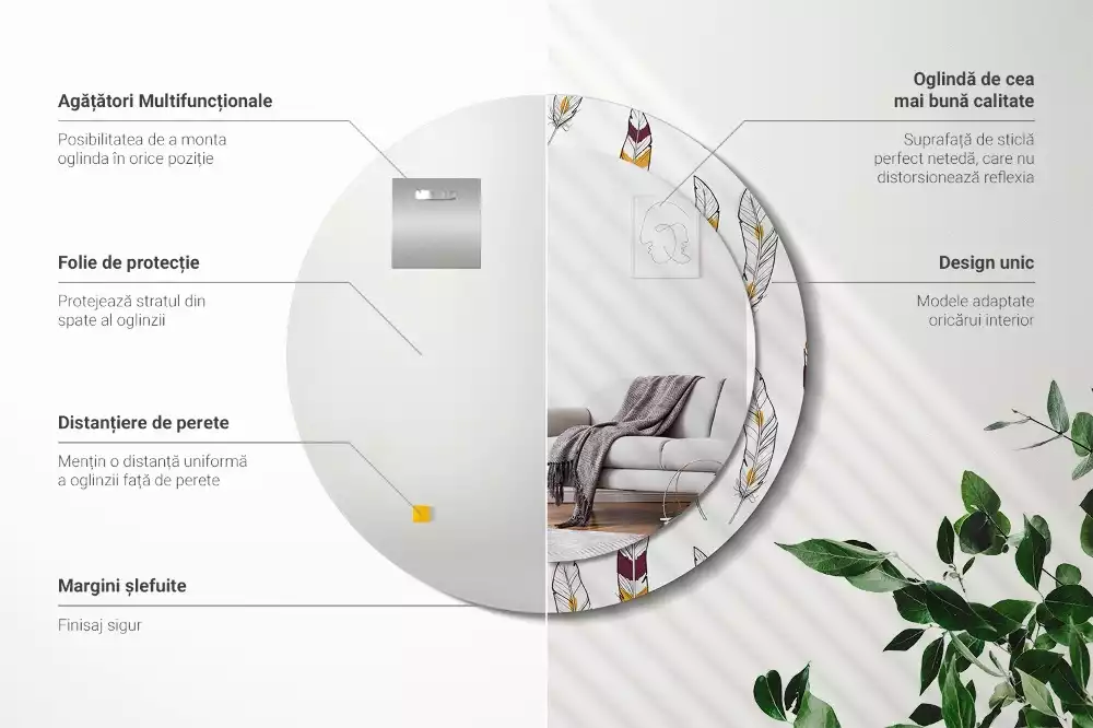 Oglindă cu decor rotundă Pene
