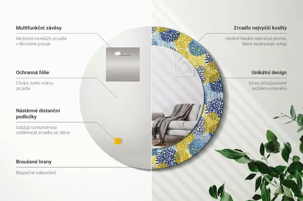 Oglindă cu decor rotundă Flori albastre