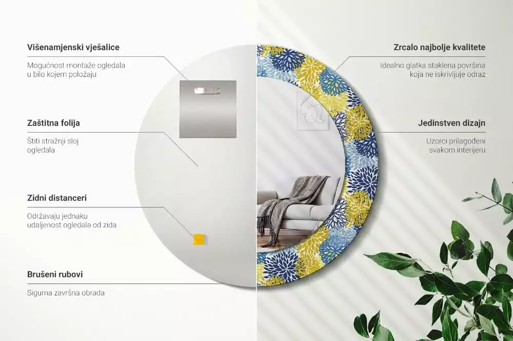 Oglindă cu decor rotundă Flori albastre