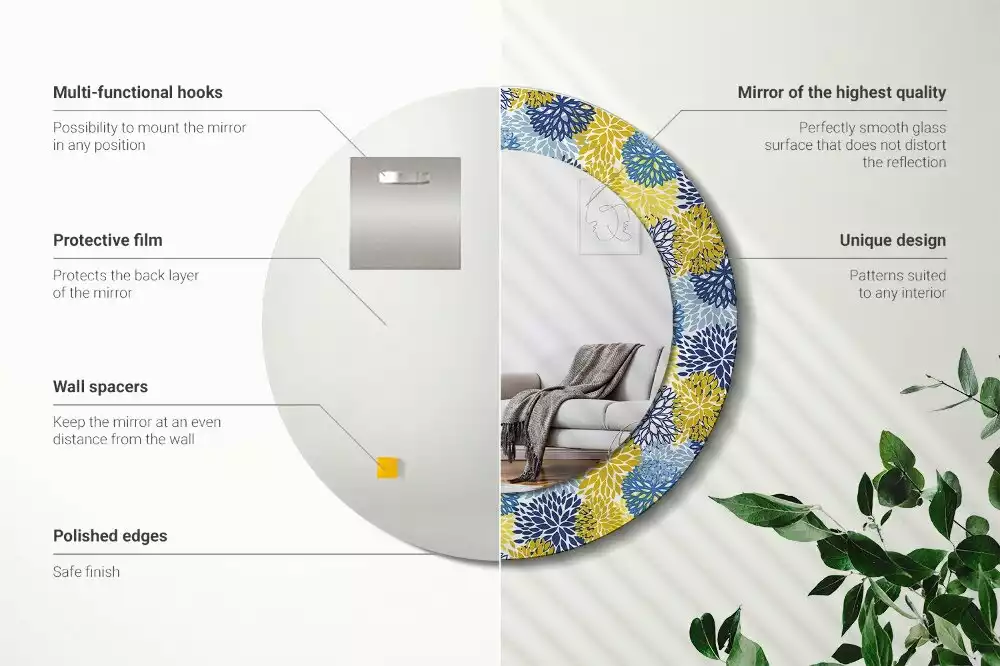 Oglindă cu decor rotundă Flori albastre