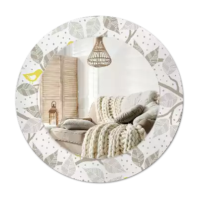 Oglindă rotundă ramă cu imprimeu Păsări galbene pe ramuri