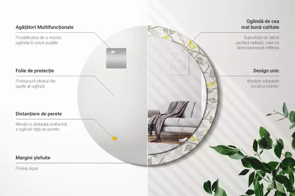 Oglindă rotundă ramă cu imprimeu Păsări galbene pe ramuri