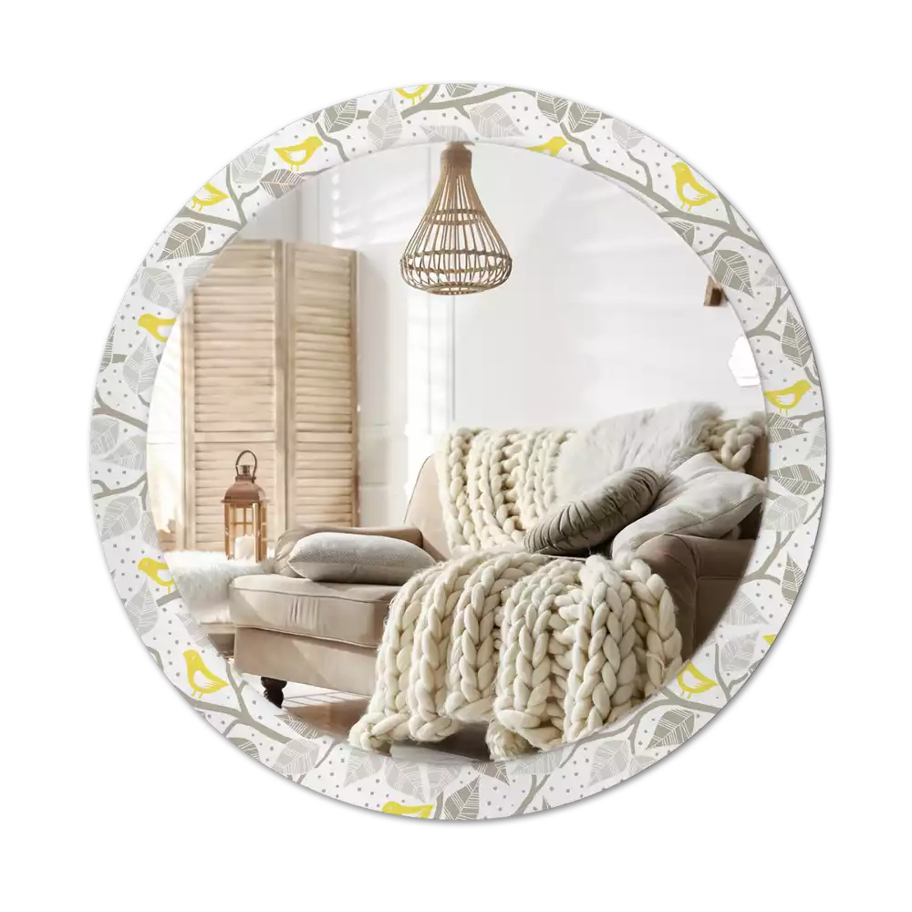 Oglindă rotundă ramă cu imprimeu Păsări galbene pe ramuri