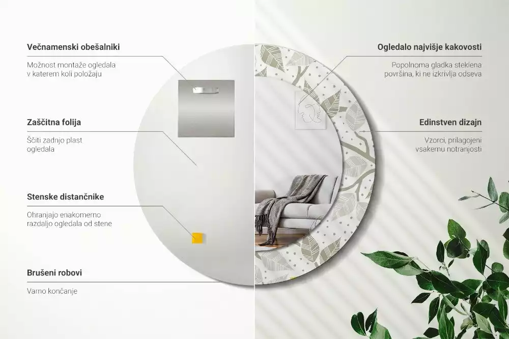 Oglindă rotundă ramă cu imprimeu Păsări galbene pe ramuri