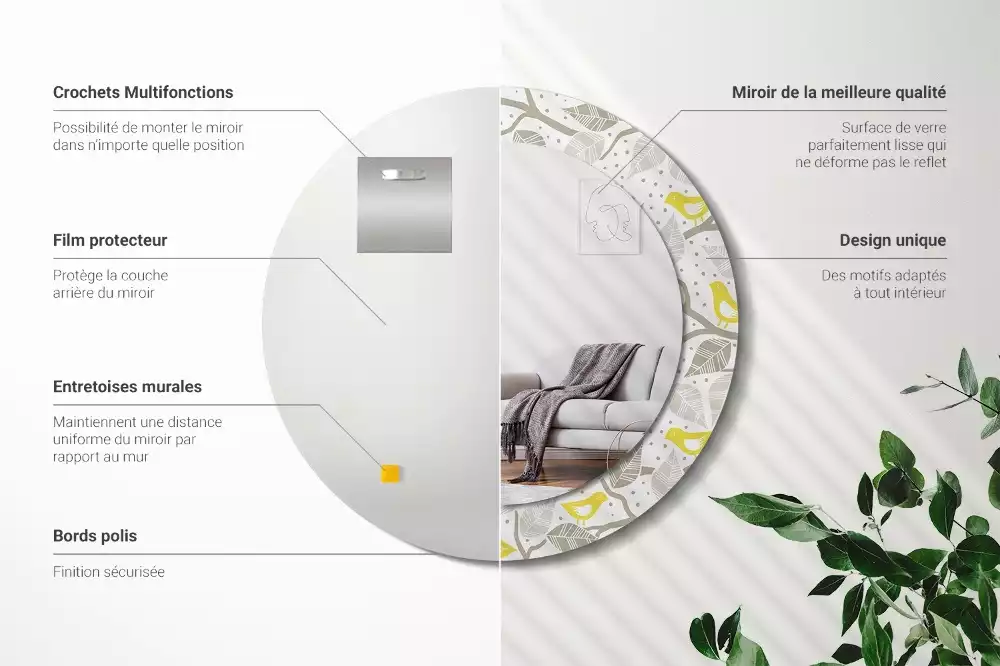 Oglindă rotundă ramă cu imprimeu Păsări galbene pe ramuri